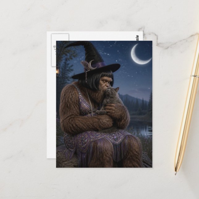 Flapper Sasquatch and Her Kitty Postcard (Front/Back In Situ)