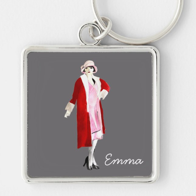 Flapper vintage fashion lady roaring twenties keychain (Front)