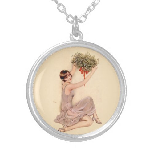 Flapper with Mistletoe   Silver Plated Necklace