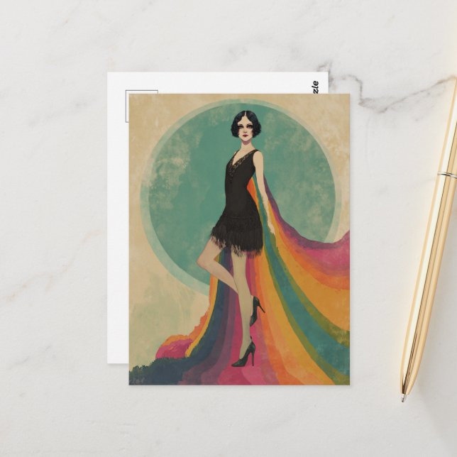 Flapper Woman in a Rainbow Cape and Black Dress Postcard (Front/Back In Situ)