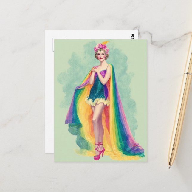 Flapper Woman in a Rainbow Cape Postcard (Front/Back In Situ)