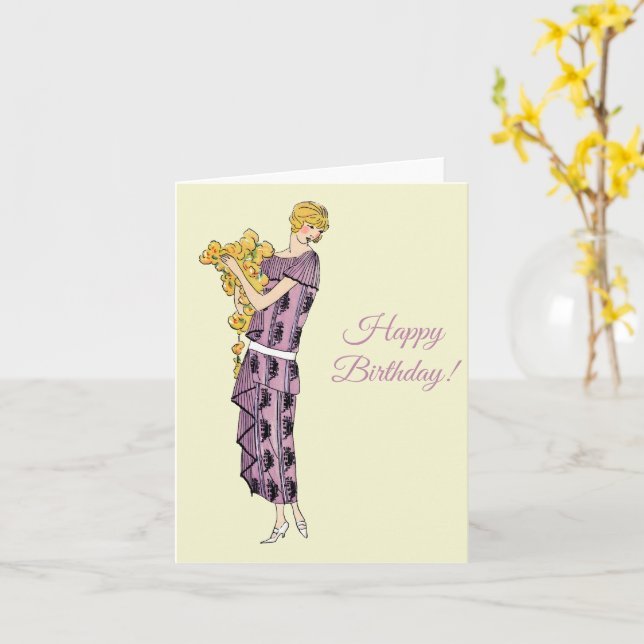 Flapper woman with flower,  Happy Birthday Card (Yellow Flower)