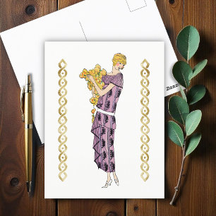 Flapper woman with flower, postcard