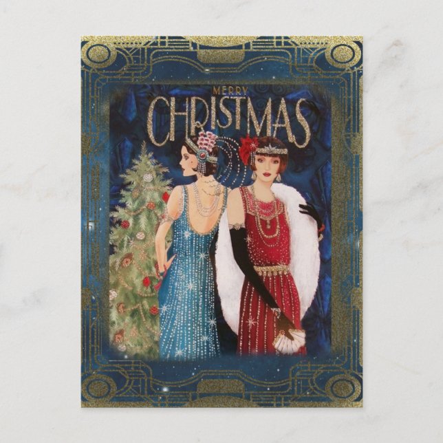Flappers Vintage Christmas Holiday Postcard (Front)