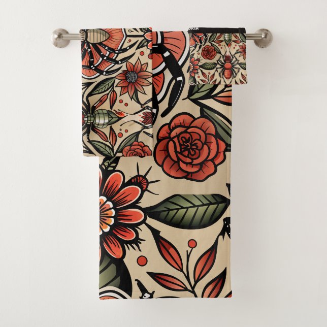 Flash Tattoo Spider Floral Custom Pattern Bath Towel Set (Insitu)