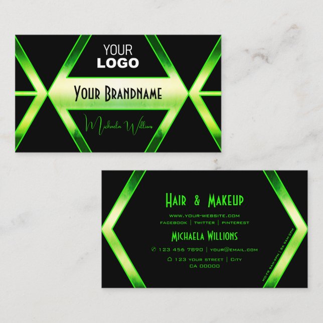 Flashy Black and Shimmery Green with Logo Stylish Business Card (Front/Back)