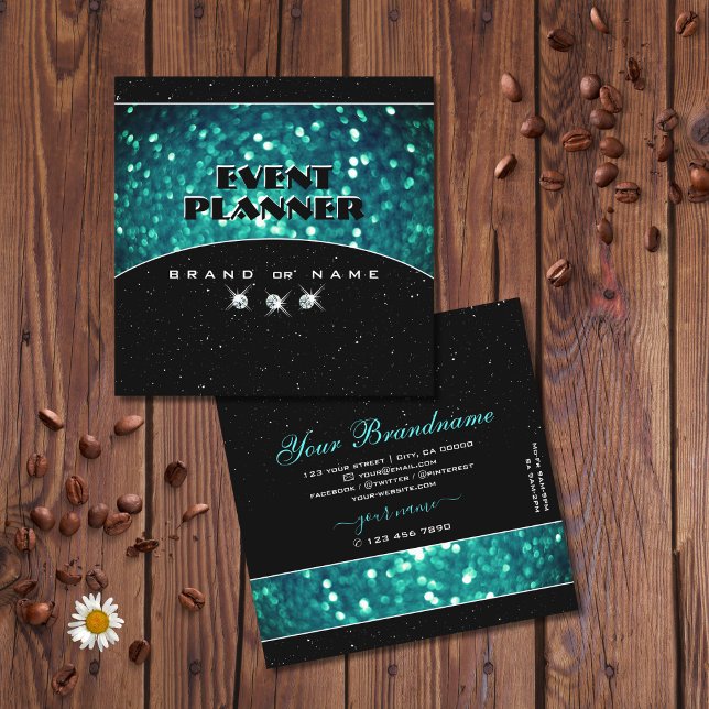 Flashy Black and Teal Sparkling Glitter Glamorous Square Business Card (Creator Uploaded)