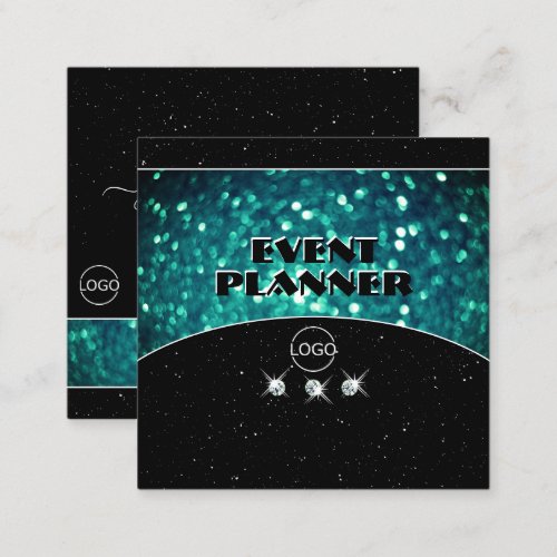 Flashy Black and Teal Sparkling Glitter with Logo Square Business Card