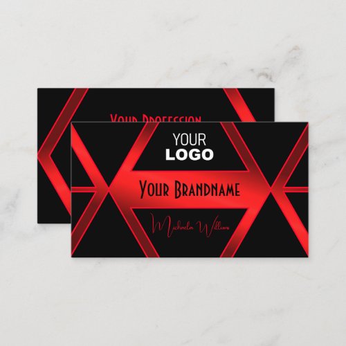 Flashy Black Geometric Shimmery Red Chic with Logo Business Card