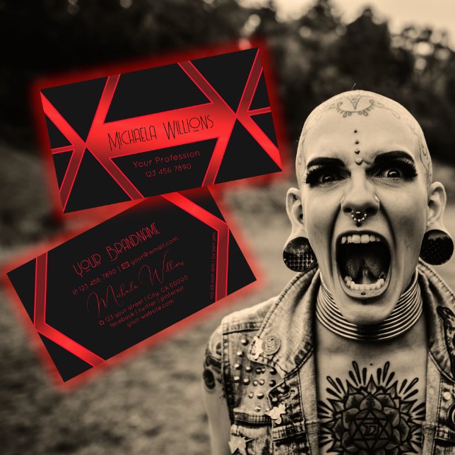 Flashy Black Geometric Shimmery Red Eye Catching Business Card (Creator Uploaded)