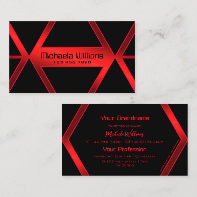 Flashy Black Geometric Shimmery Red Professional Business Card (Front/Back)