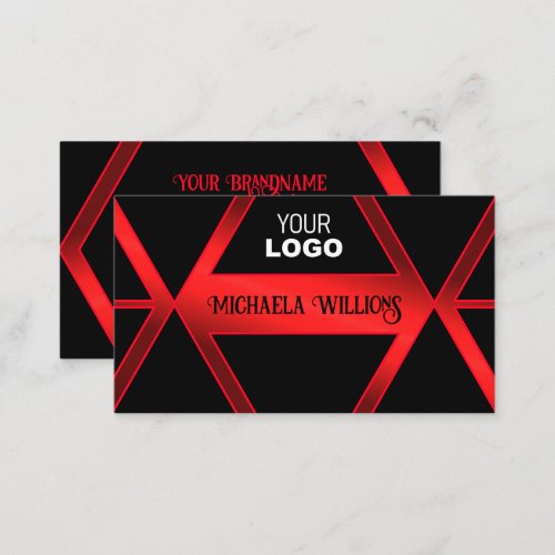 Flashy Black Geometric Shimmery Red with Logo Cool Business Card