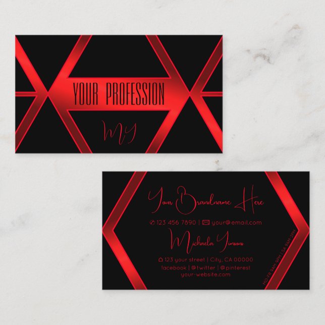 Flashy Black Geometric Shimmery Red with Monogram Business Card (Front/Back)