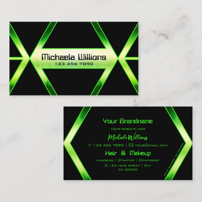 Flashy Black Geometric with Shimmery Green Pattern Business Card (Front/Back)