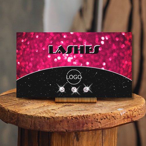 Flashy Black Girly Pink Sparkling Glitter Add Logo Business Card