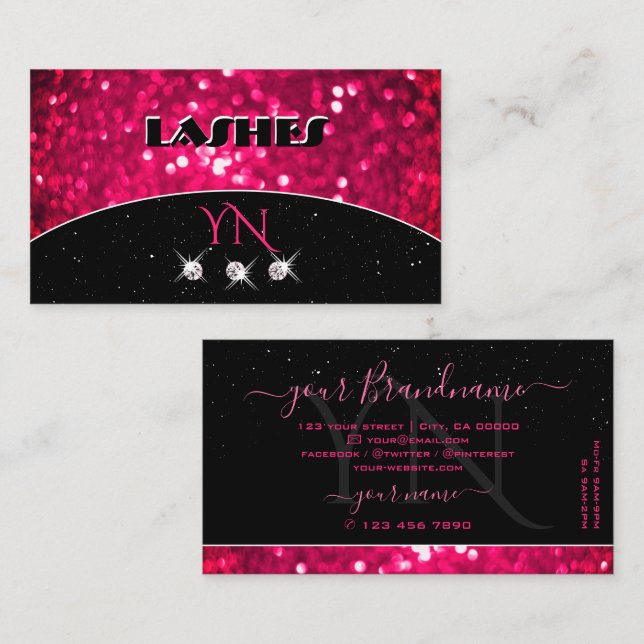 Flashy Black Girly Pink Sparkling Glitter Monogram Business Card (Front/Back)
