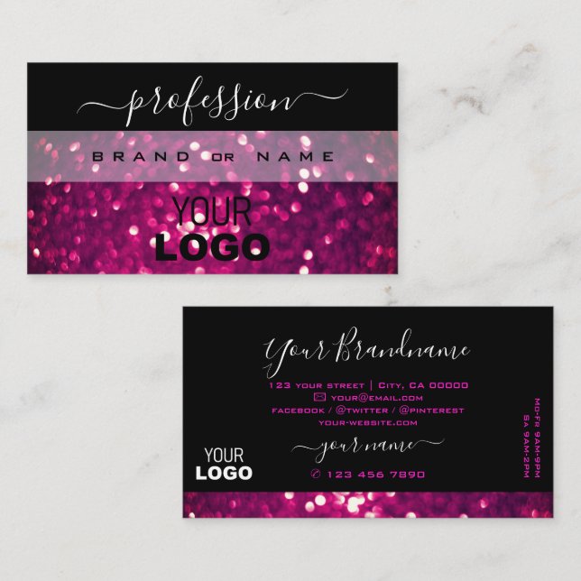 Flashy Black Pink Purple Sparkle Glitter Add Logo Business Card (Front/Back)