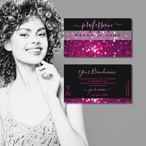 Flashy Black Pink Purple Sparkle Glitter Monogram Business Card