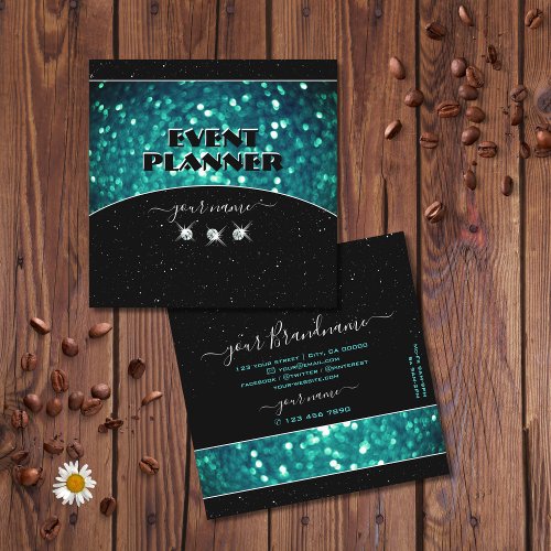Flashy Black Teal Sparkling Glitter Professional Square Business Card