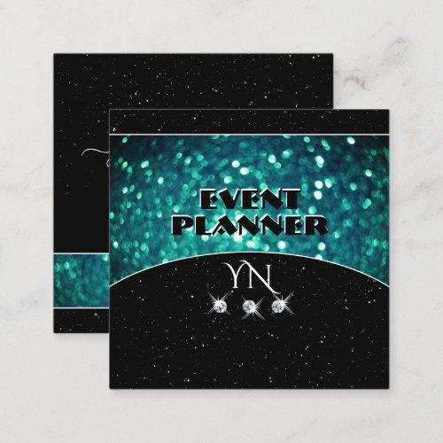 Flashy Black Teal Sparkling Glitter with Monogram Square Business Card