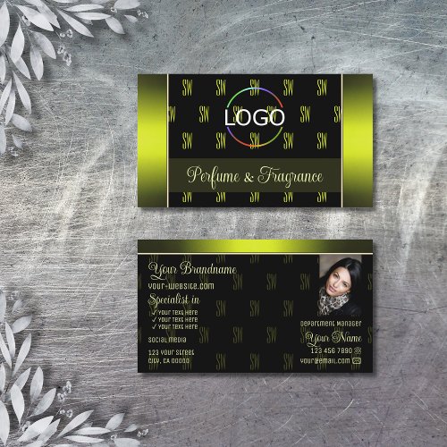 Flashy Black Yellow with Logo Photo and Monogram Business Card