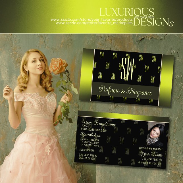 Flashy Black Yellow with Photo and Chic Monogram Business Card (Creator Uploaded)