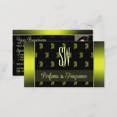 Flashy Black Yellow with Photo and Chic Monogram Business Card