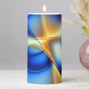 Flashy blue and yellow and snail-like lines throw pillar candle