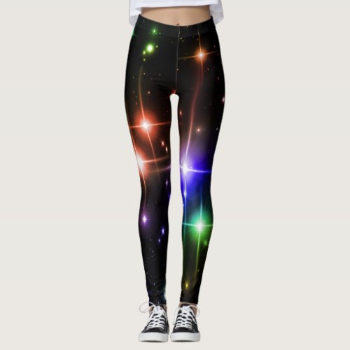 Flashy Bright Colorful Glitter Stars Black Yoga Leggings