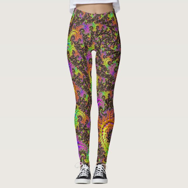 Flashy Colorful Spiral Abstract Digital Fractal Leggings (Front)
