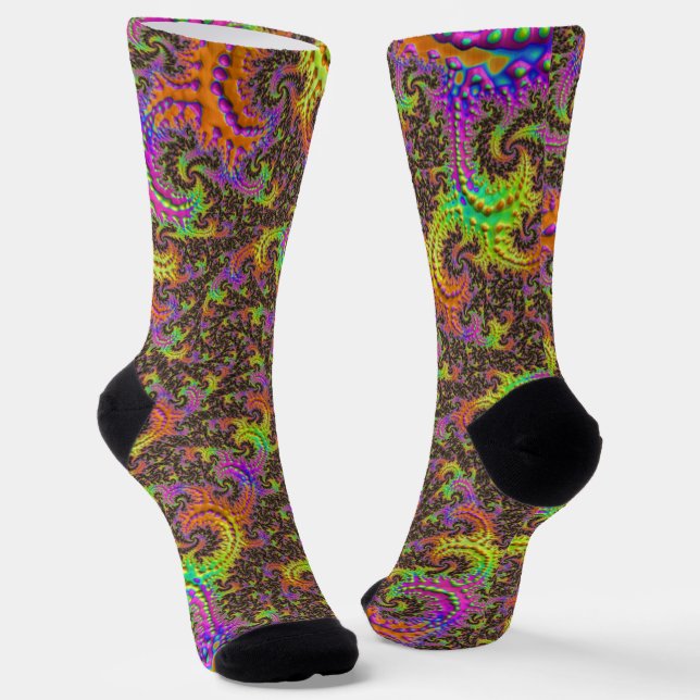 Flashy Colorful Spiral Abstract Digital Fractal Socks (Angled)