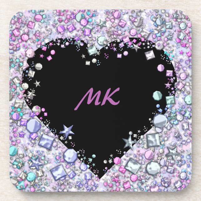 Flashy & Elegant Sequin Glitter Heart Monogrammed Beverage Coaster (Front)