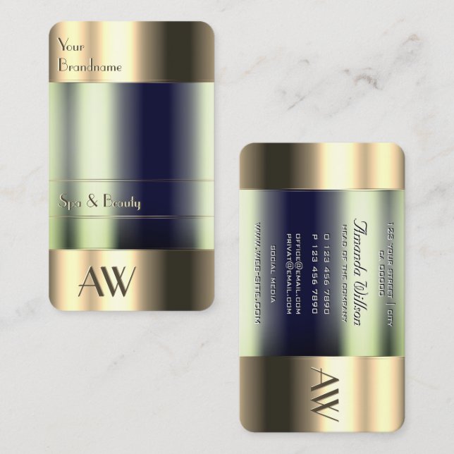 Flashy Gold 3D Initials Glass Optics Blue Fluids Business Card (Front/Back)