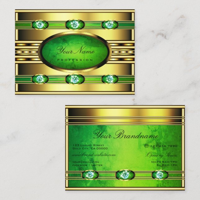 Flashy Golden with Green Marble and Faux Diamonds Business Card (Front/Back)