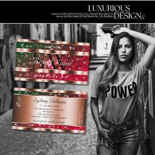 Flashy Green Pink Glitter Stars Monogram Rose Gold Business Card