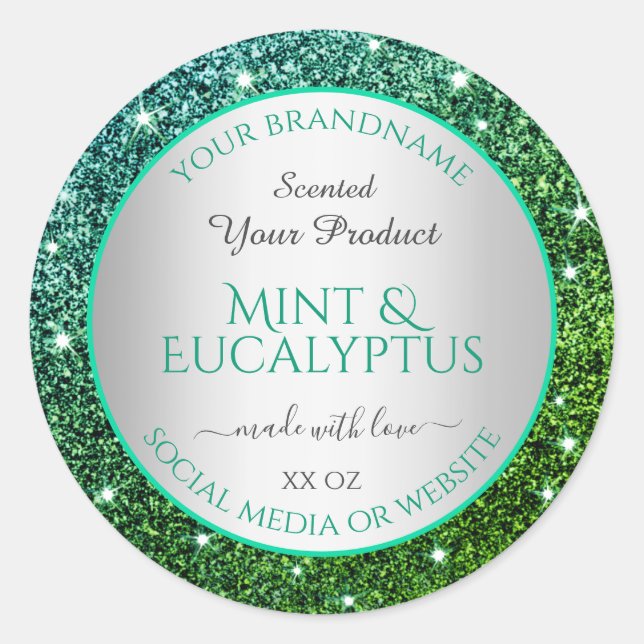 Flashy Green Teal Glitter Product Packaging Labels (Front)