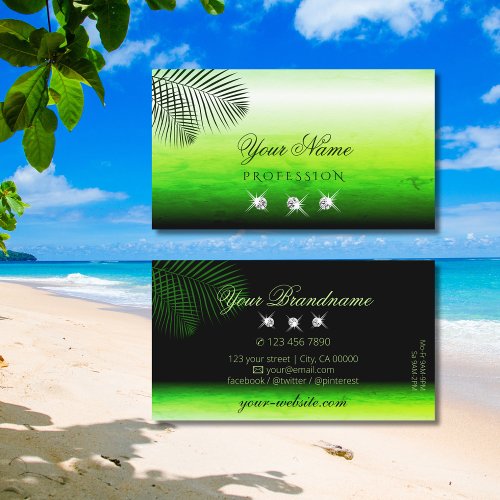 Flashy Green Watercolors Palm Leaves and Diamonds Business Card