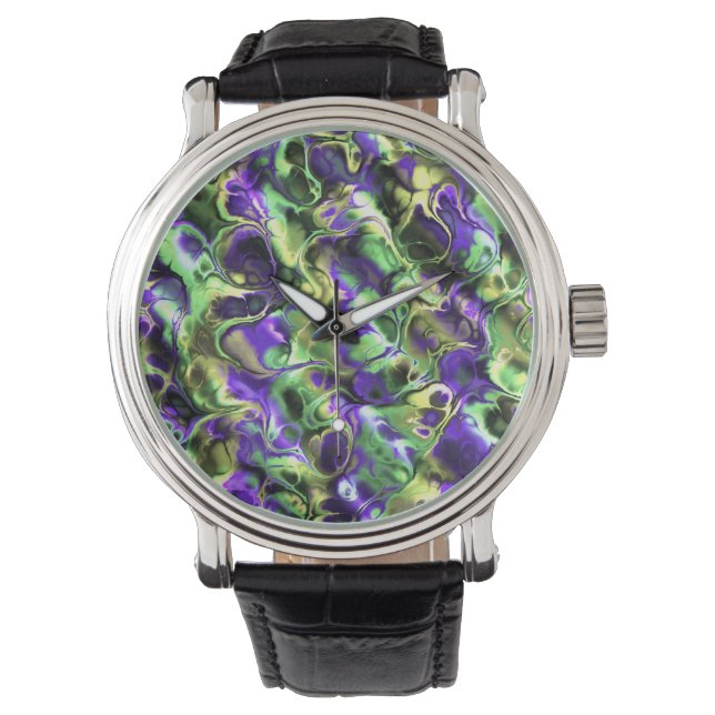 Flashy Loud Colorful Boho Hippie Fractal Marble Watch (Front)