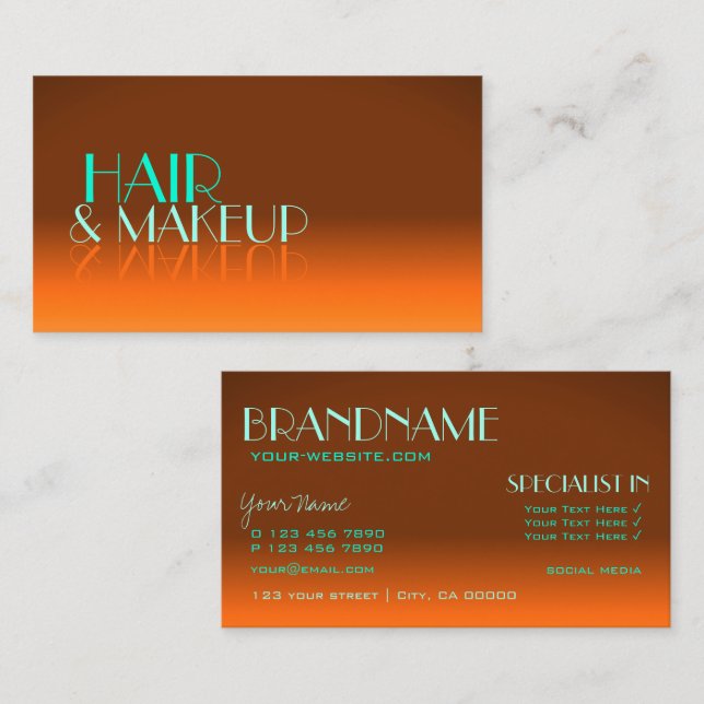 Flashy Orange and Teal Mirror Font Professional Business Card (Front/Back)