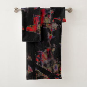 Flashy red blots on dark gray rocky base, texture bath towel set