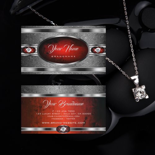 Flashy Silver Effect Red Pattern Faux Rhinestones Business Card
