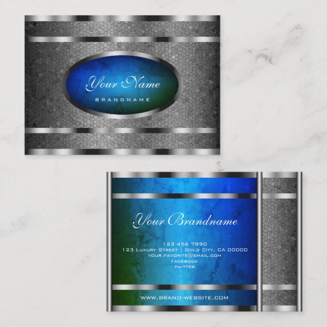 Flashy Silver Snake Pattern with Blue Green Marble Business Card (Front/Back)