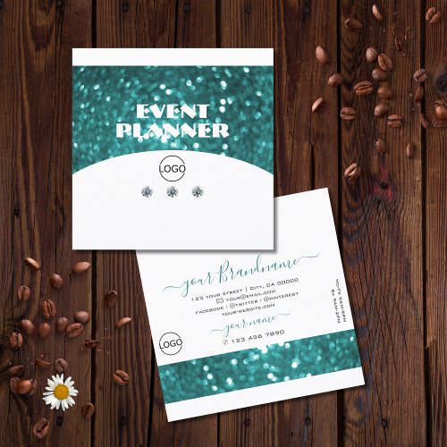 Flashy White and Teal Sparkling Glitter with Logo Square Business Card