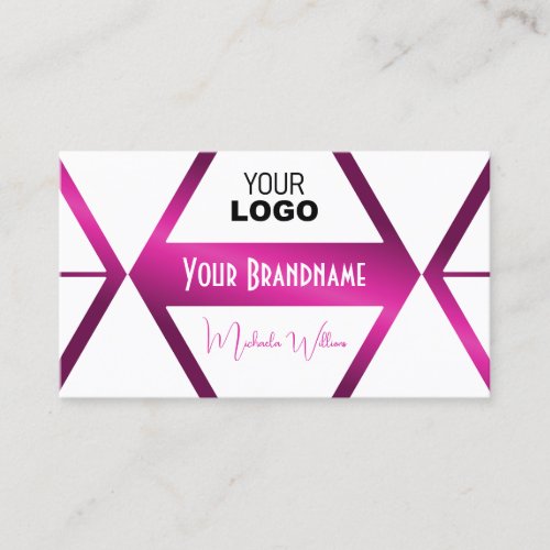 Flashy White Geometric Shimmery Pink with Logo Business Card