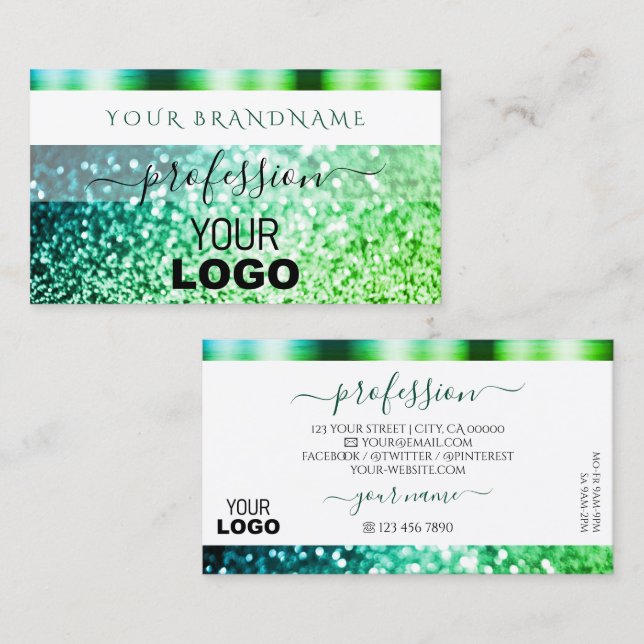 Flashy White Teal Green Sparkling Glitter and Logo Business Card (Front/Back)