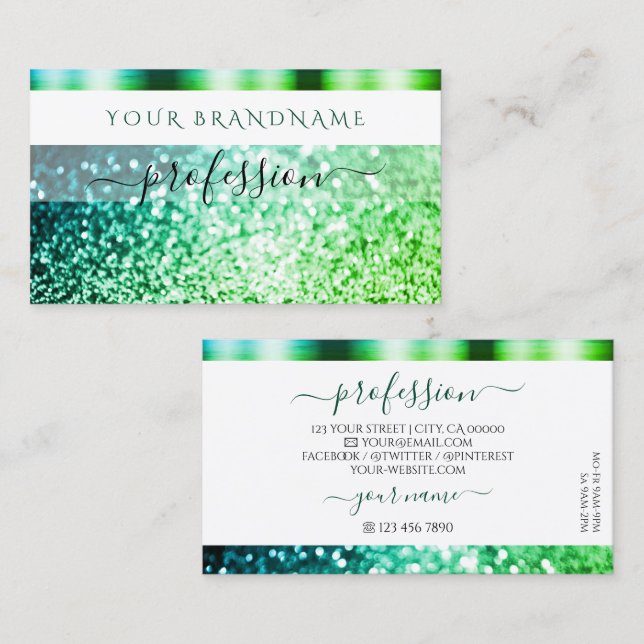 Flashy White Teal Green Sparkling Glitter Shimmery Business Card (Front/Back)