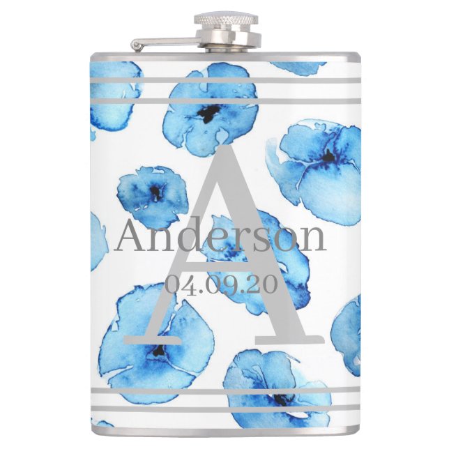 Flask - Personalised Blue Poppies (Front)