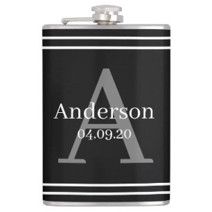 Flask - Personalized Black Surname Initial Date