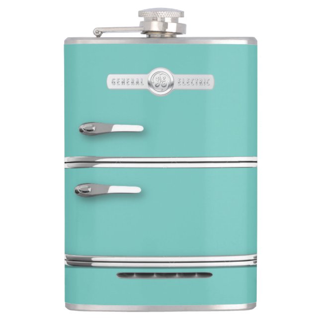 Flask with retro GE fridge graphic. Turquoise (Front)