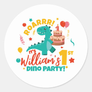 Flat 1st Birthday Dino Party Colorful Classic Round Sticker